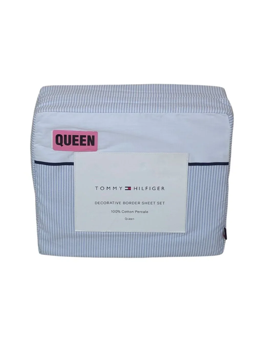 Tommy Hilfiger Decorative Border Queen Sheet Set 100% Cotton Percale Blue